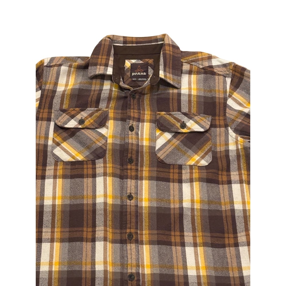 Prana Lybeck Flannel Shirt Men M Brown Gold Lumberjack Plaid Button Up Cabincore